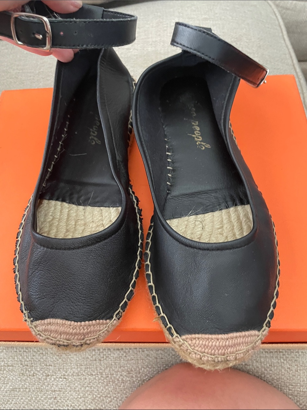 Free People Black Leather Espadrille Flats with Ankle Strap